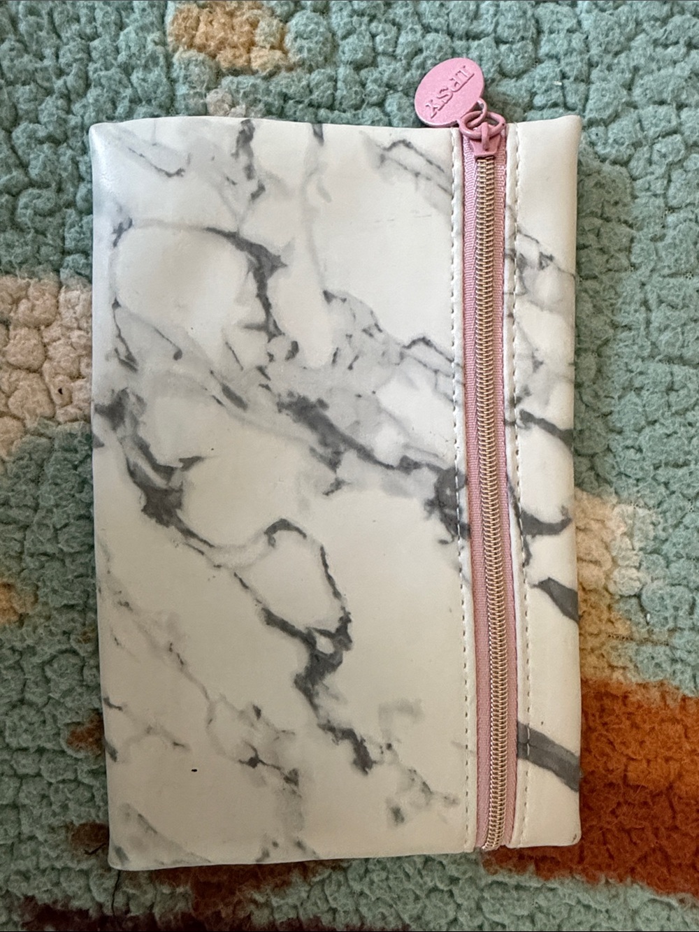 ipsy White Marble Cosmetic Pouch with Pink Zipper